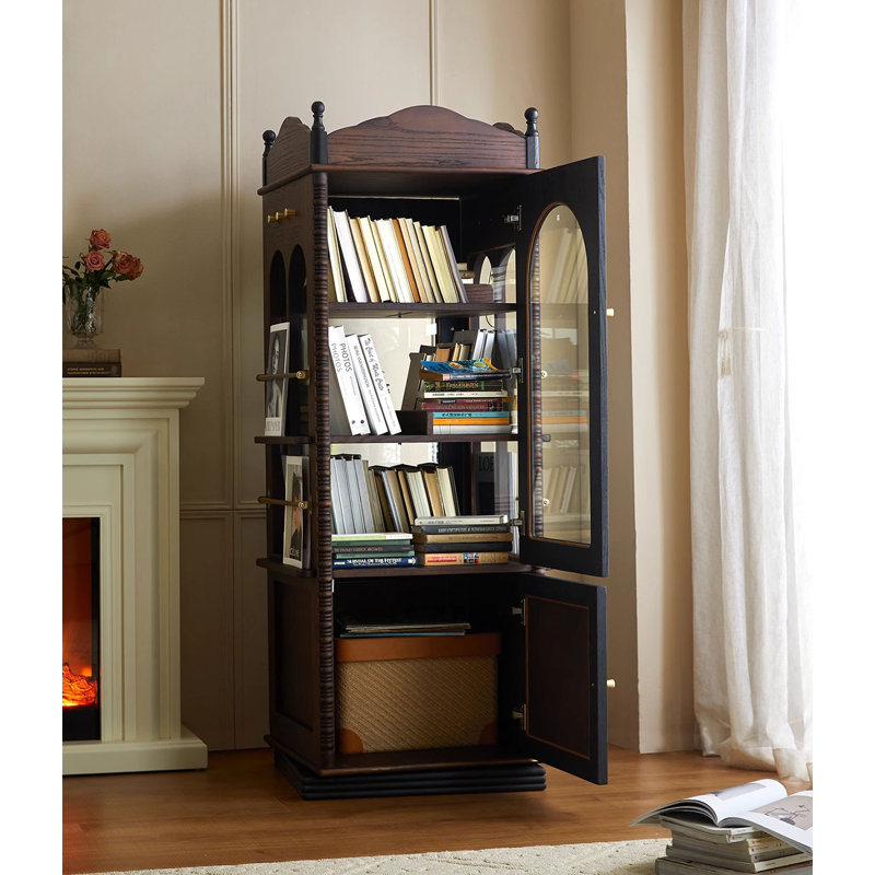 French-Style Vintage Oak Rotating Storage Cabinet With Glass Doors Bookcase