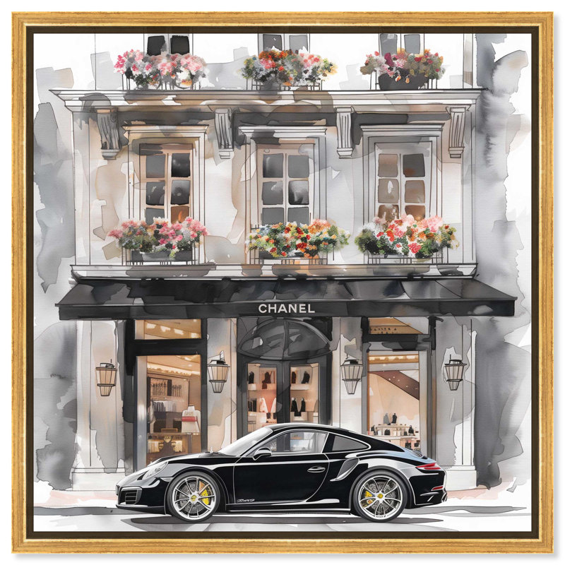 Illustration de mode sur toile devant une voiture de luxe par Art Remedy, Cadre flottant doré, H 41 po x l 41 po x P 1,8 po