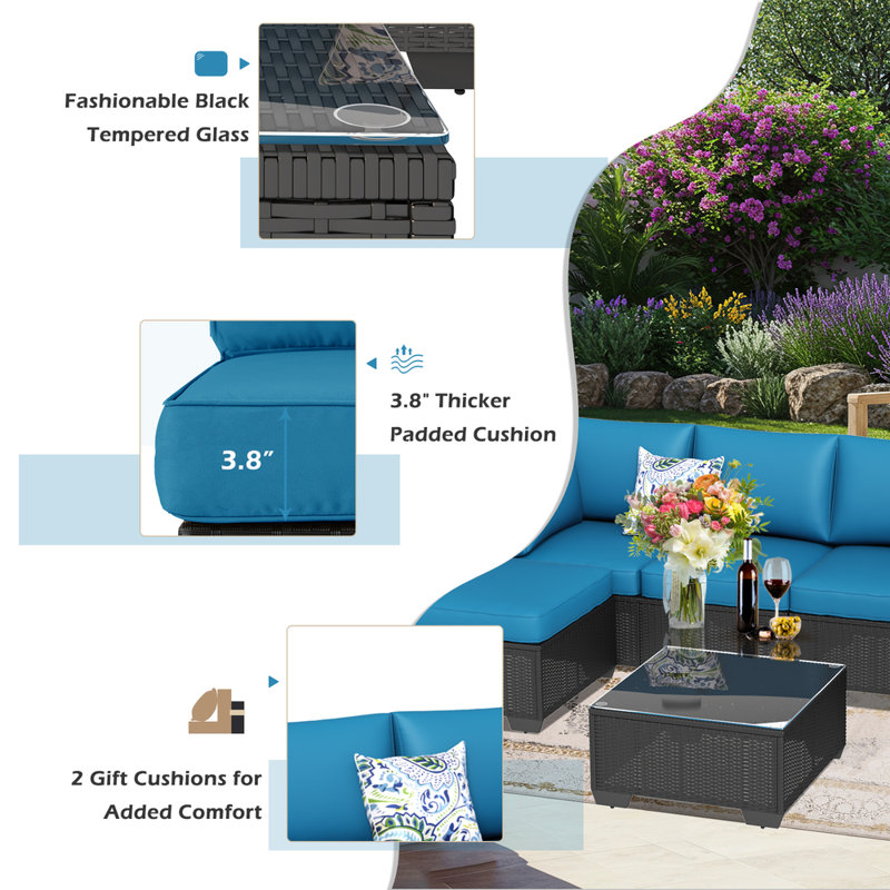 Ensemble de conversation modulaire en rotin 7 pièces avec coussins Emilienne, Bleu paon