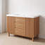 Meuble-lavabo moderne en grain de bois avec lavabo en résine, pied de support central réglable, portes et tiroirs à fermeture en douceur