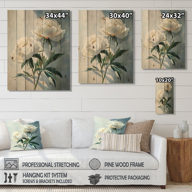 Aqua Peonies And Geometric Shadows II - Peonies Wood Wall Decor - On Natural Pine Wood, 20" H x 10" W x 0.78" D
