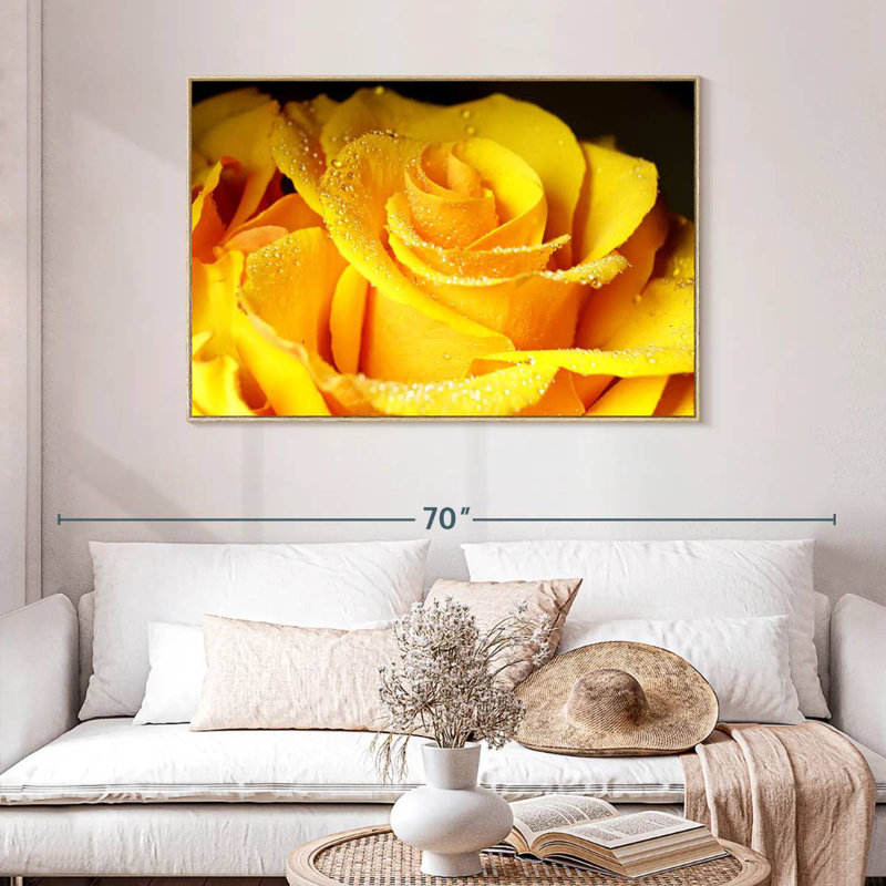 Rose jaune rosée, Cadre flottant en bois naturel, 46 po x 31 po