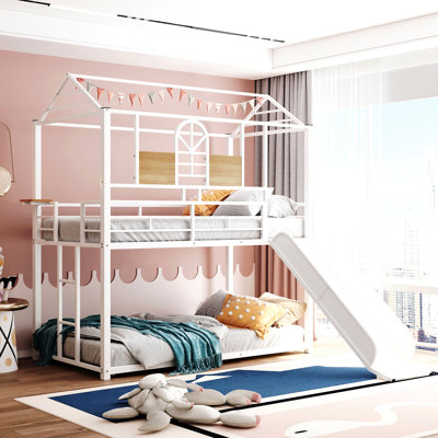 Lit superposé simple au-dessus d'un lit simple, lit de maison en métal avec glissade, disponible en trois couleurs
