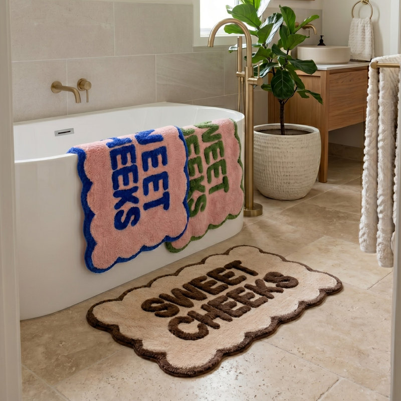 Sweet Cheeks Slogan Scalloped Bath Mat, Chocolate