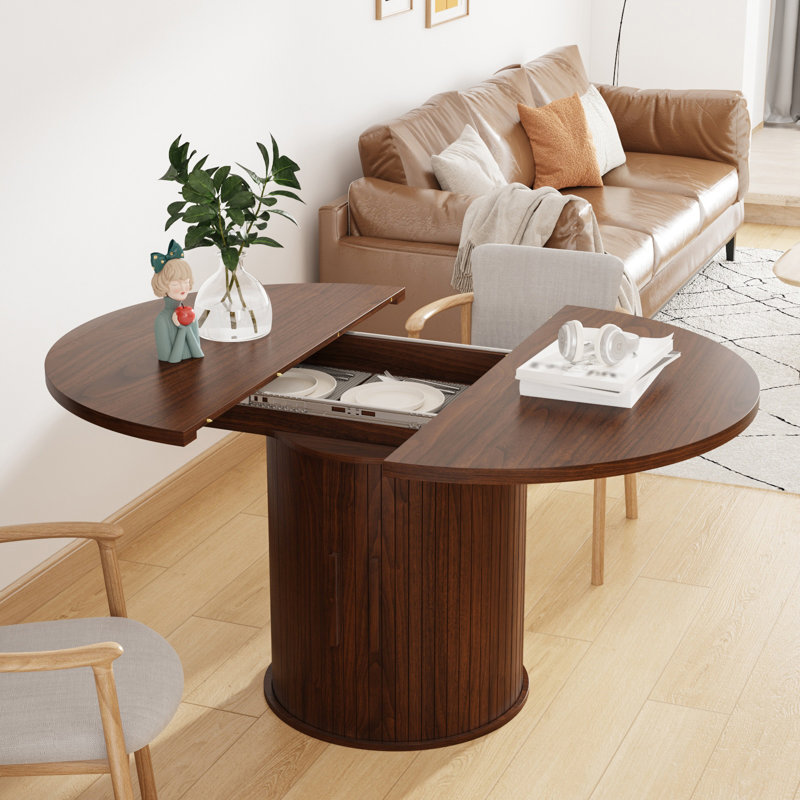Table de salle à manger extensible de 43 à 59 po pour 4 à 8 personnes, table de cuisine cannelée moderne avec base en bois et rangement, table de salle à manger ovale peu encombrante pour le salon de la cuisine