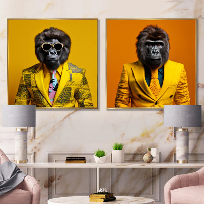 «Yellow Gorilla In suit I», ensemble d'art mural sur toile Gorilla