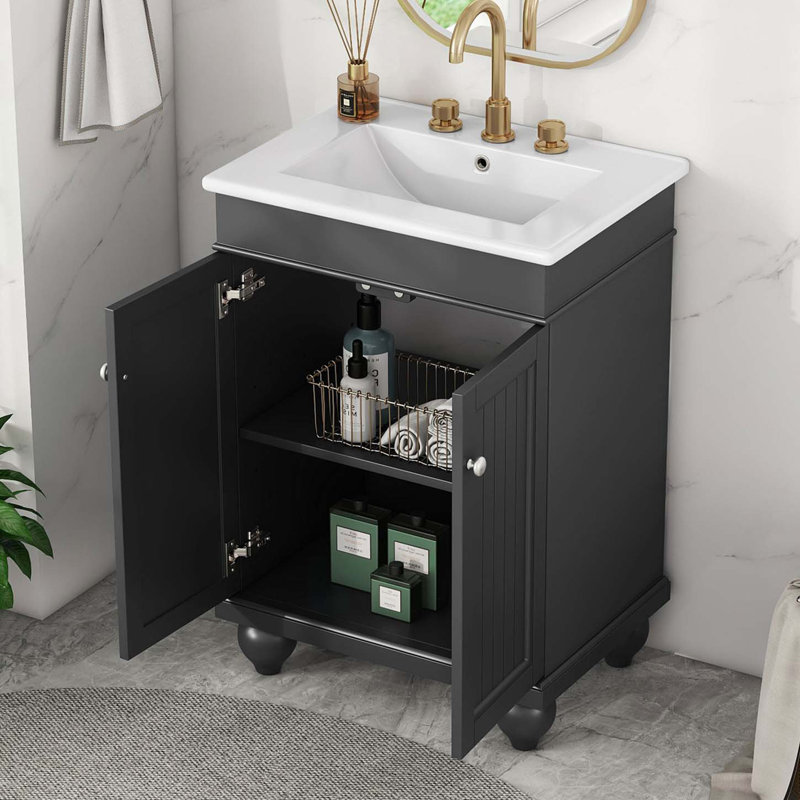 Meuble-lavabo élégant avec tablette réglable, Noir, noir, noir, noir