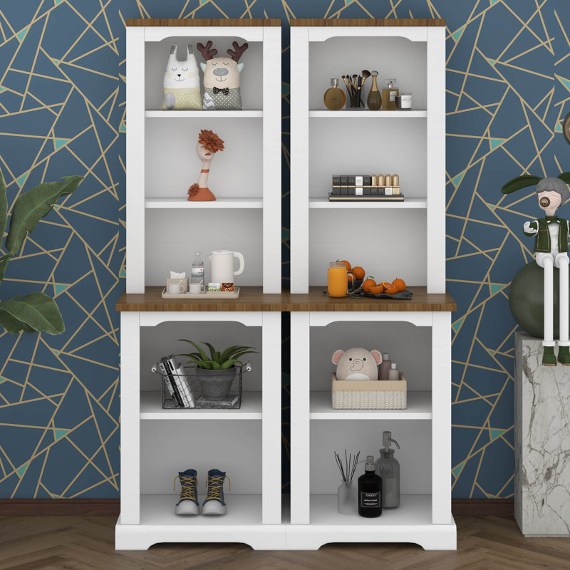 Grande bibliothèque incurvée deux pièces, armoire haute autoportante avec rangement entièrement ouvert, tablette de présentation élégante avec dispositif anti-basculement