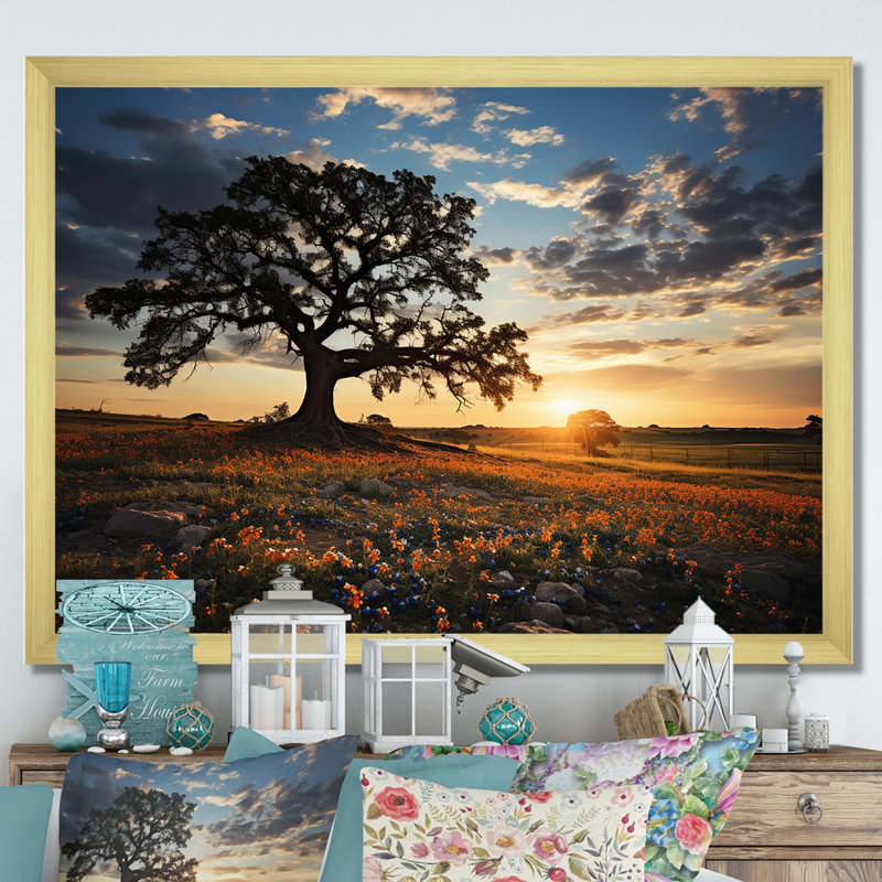 " Orange Bonnets Field With Sunset ", 16" H x 32" W x 1" D, Gold