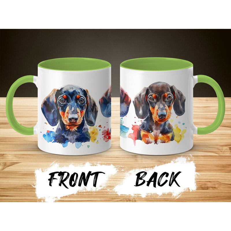 11oz Watercolour Dachshund Dog Design Coffee Mug, Light Green, 3