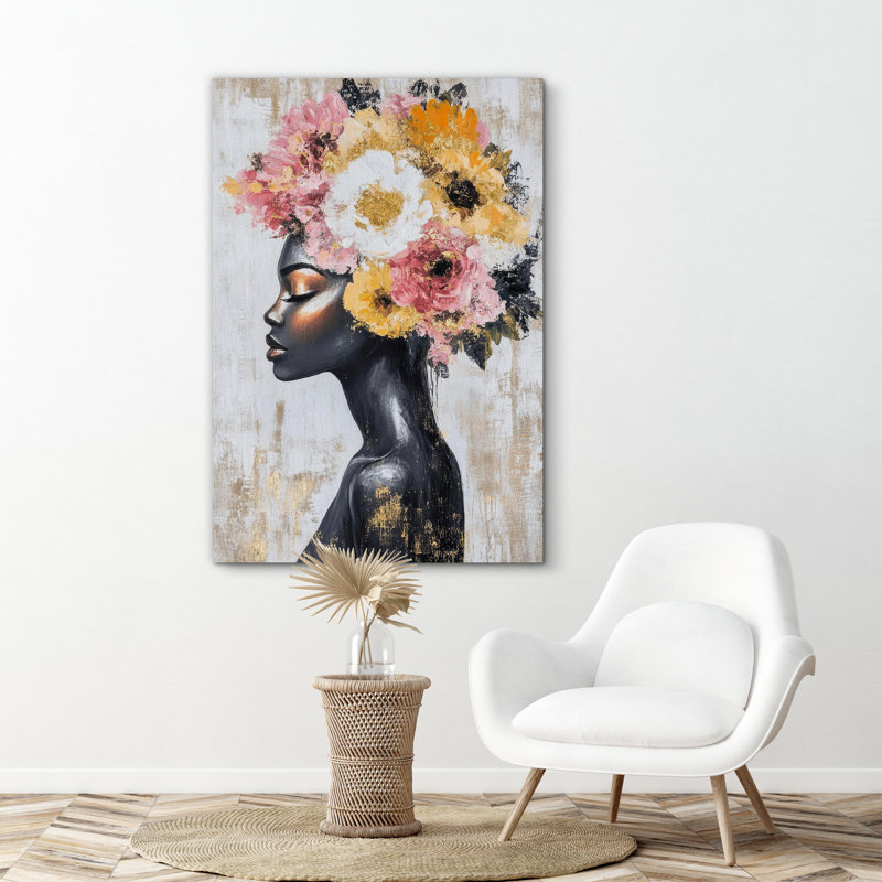 "Elegance Gold Pink Floral", Portrait d'une femme afro-américaine, impression sur toile encadrée, H 48 po x l 32 po