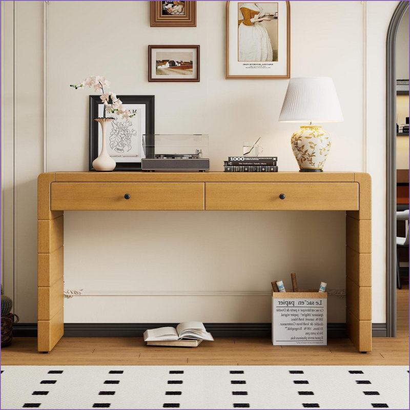 Console Farmhouse rustique avec pieds en bois d'hévéa - rangement à 2 tiroirs, durable pour le salon, Bois naturel