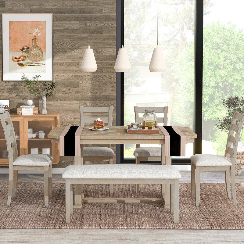 Ensemble de table de salle à manger 6 pièces en bois d'hévéa avec un beau plateau de table en grain de bois