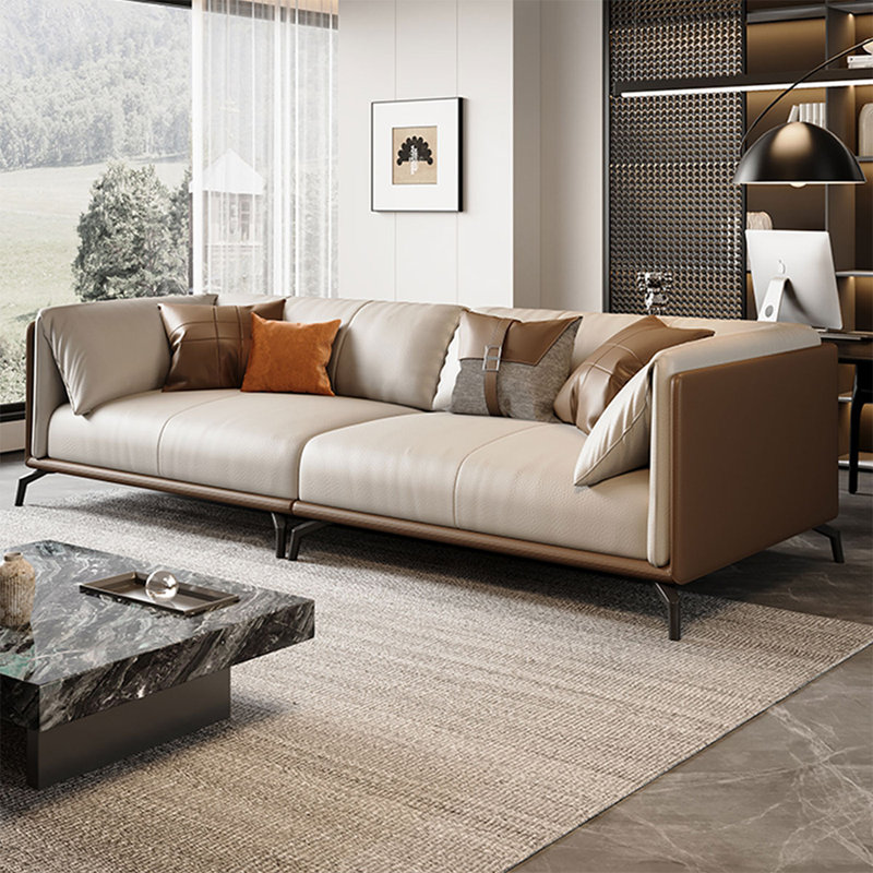 Khaki Genuine Leather Modular Sofa cushion couch, Brown/Khaki, 3, 28.35" H x 94.49" W x 37.01" D