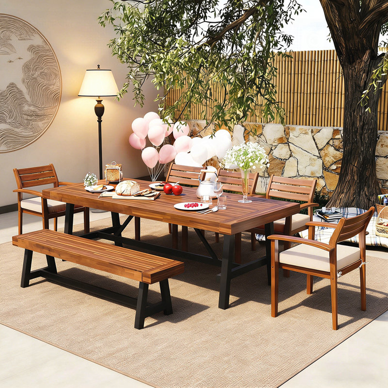 Outdoor Wood Dining Set For 7-8 Person, With Removable Cushions, Ergonomic Chairs And Bench, Thicker Table