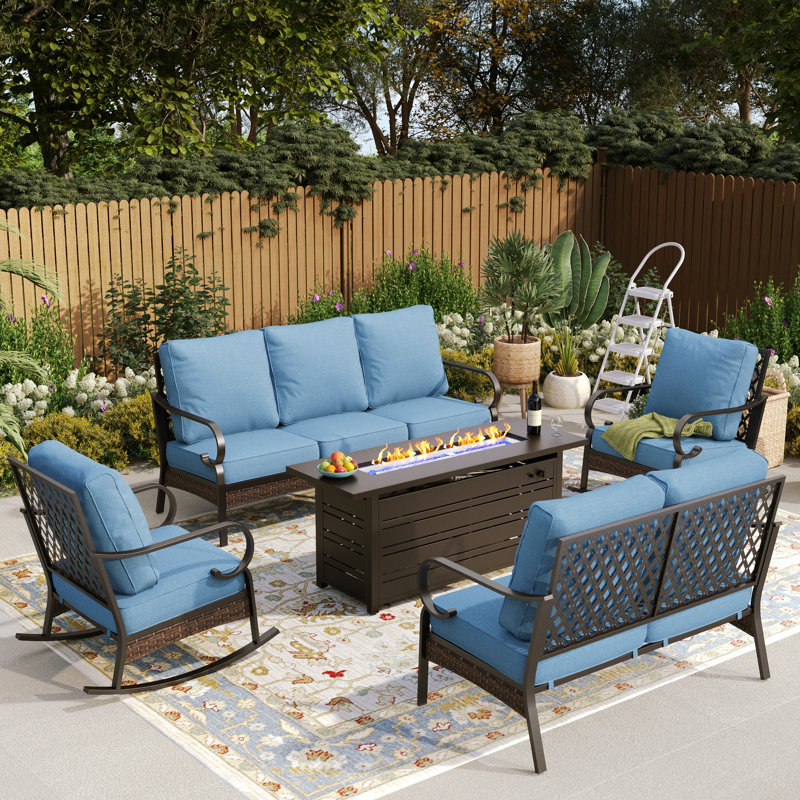 7 Person Outdoor Patio Conversation Set With Fire Pit Table, Rocking Lounge Chairs, & Loveseat, Black/Denim Blue/Black