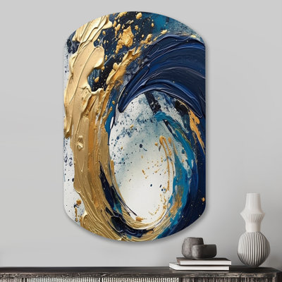 «Dark Blue and Gold Strokes VI», reproduction asymétrique abstraite sur métal, décoration murale cylindrique moderne en métal