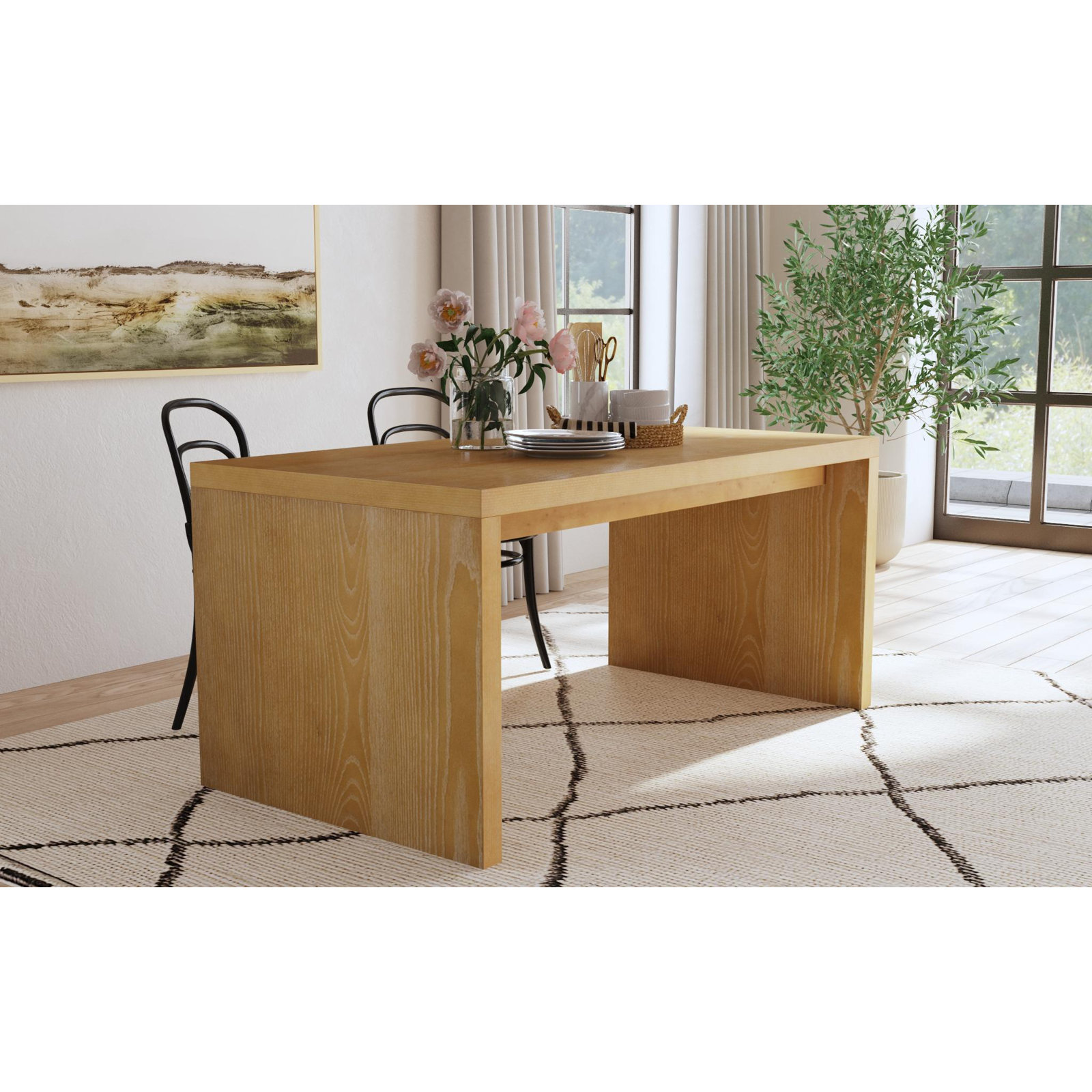 Gabler 64'' Ash Wood Waterfall Dining Table, Natural Brown