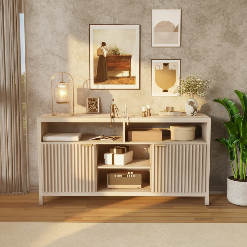 Fluted TV Stand For 65" TV, Adjustable Shelves, Oak Ash