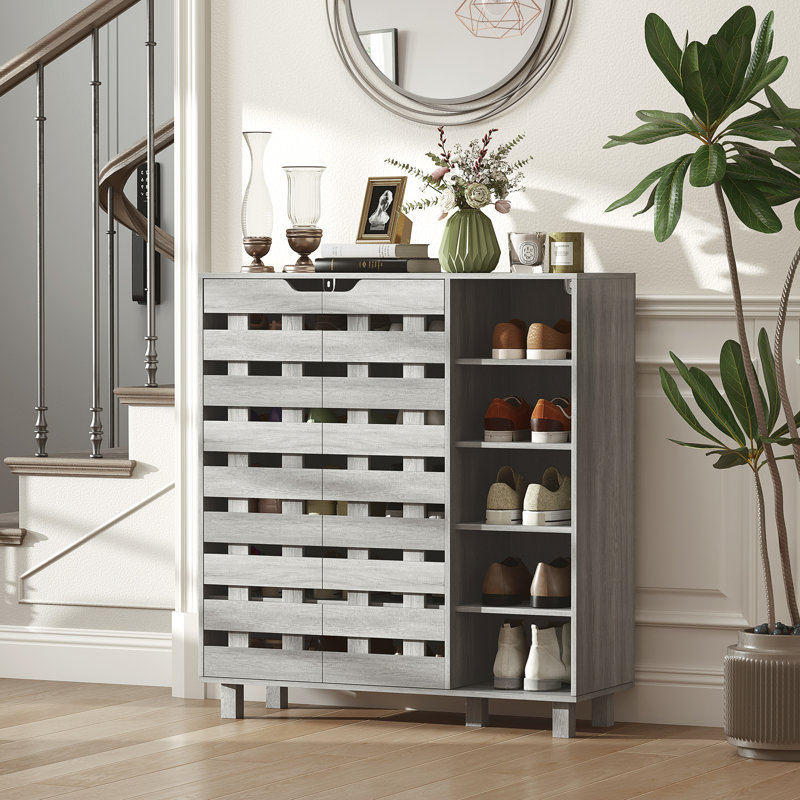 Armoire à chaussures avec armoire à 5 niveaux et 5 tablettes ouvertes, Distressed Light Grey