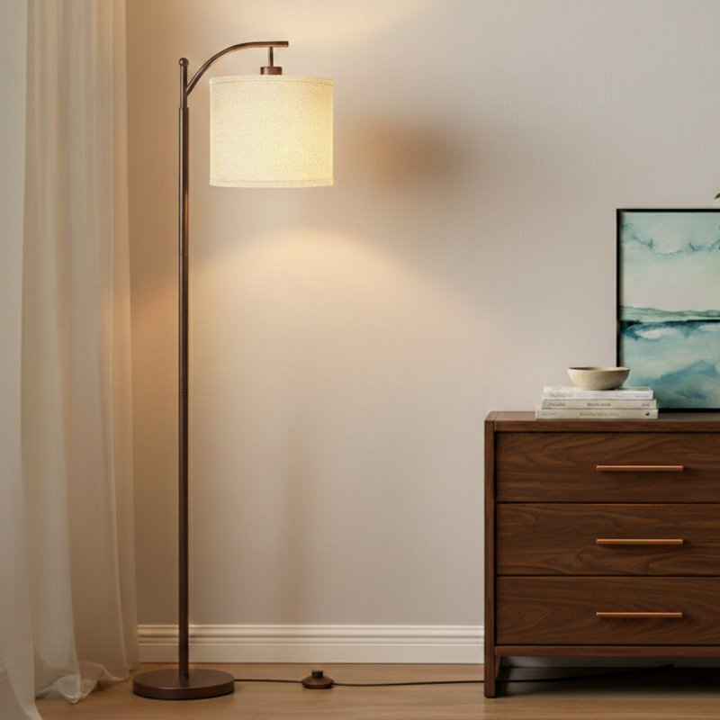 Montage 62" Traditional LED Arched Floor Lamp with Brown Finish and White Fabric Drum Shade, Bulb Included, Brown