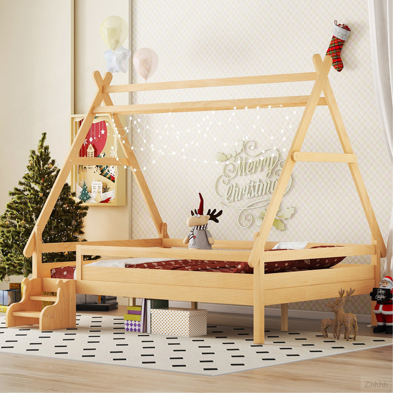 Lit plateforme double avec escalier, structure de lit simple en bois massif, profil bas et design amusant enfantin, naturel
