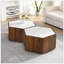 Table basse hexagonale rustique en bois rétro avec 2 tiroirs cachés, dessus en marbre texturé, finition noyer - parfaite pour le salon et la réception-129149225