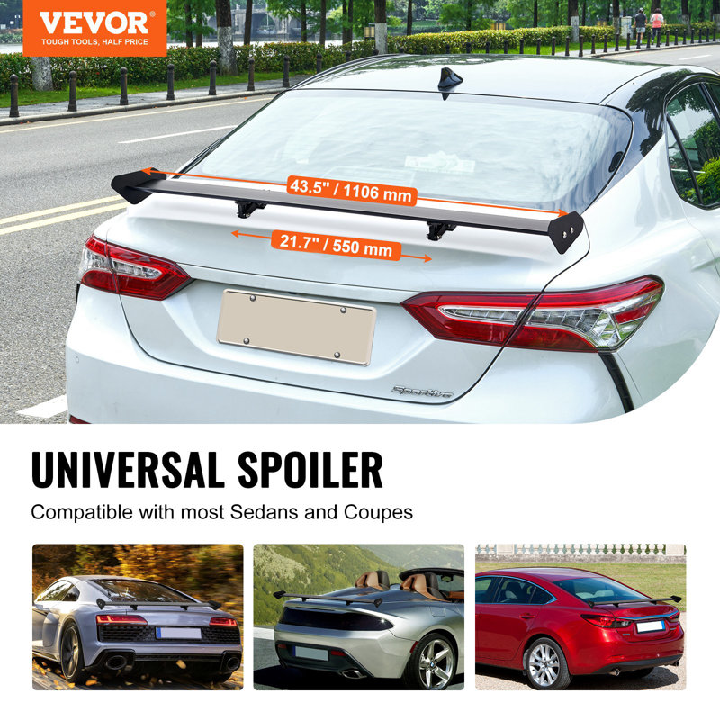 Spoiler de voiture GT Wing, spoiler universel de 43,3 pouces avec plateforme simple, aluminium léger réglable, aileron de spoiler arrière de voiture, spoiler de course noir