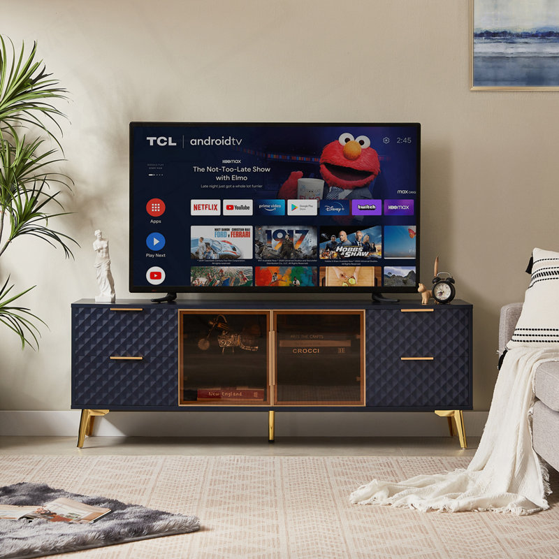 Meuble télé avec 4 tiroirs et cadre en aluminium, Bleu très foncé