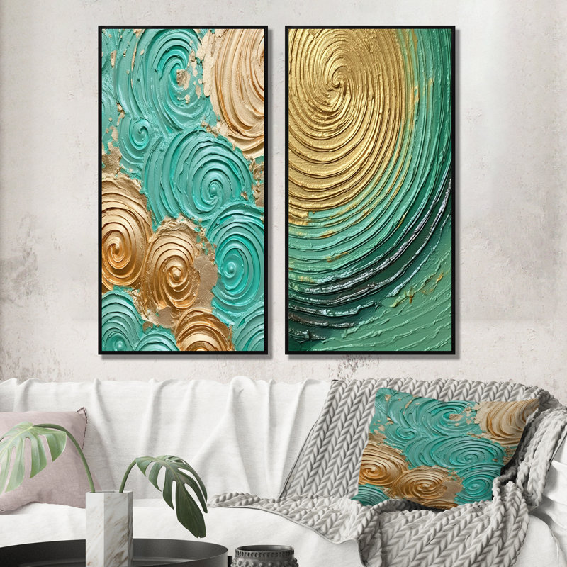 «Gold surreal spirals», 2 pièces, H 40 po x l 40 po, Cadre noir