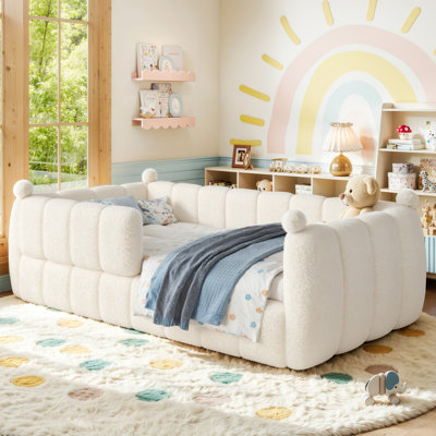 TranquilNook Single Twin Soft Upholstered Floor Bed with Full Surround Safety Rails and Teddy Fabric