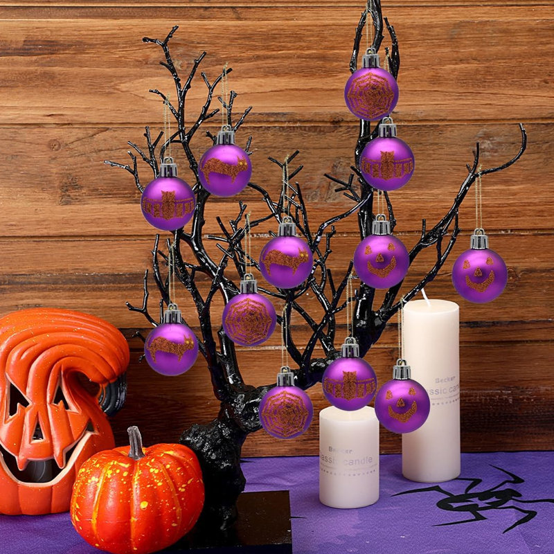 12 pièces d'ornements d'Halloween pour arbre, boules à motifs en plastique, élément suspendu en toile d'araignée chat citrouille hibou pour décorer la fête d'Halloween