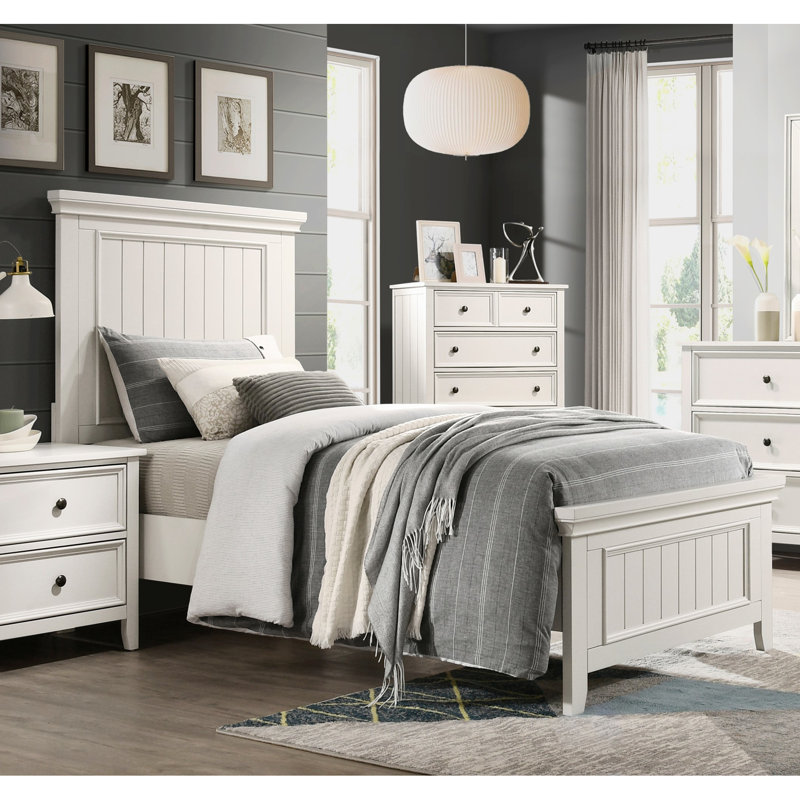Lit à panneaux simple de style moderne - meubles en bois de chambre à coucher à finition blanche avec tête de lit et sommier à rails requis et requis