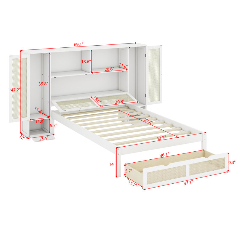 Lit simple multifonctionnel en rotin avec casiers de rangement et tiroir, Blanc