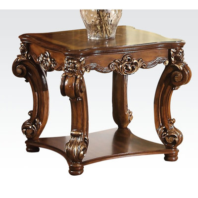 Square Cherry End Table For Decor And Dining, With Shelf Scrolled Trim On Apron, Supported By Legs, 31 Inches Dimensions Dining Or Decor, Bottom Deep