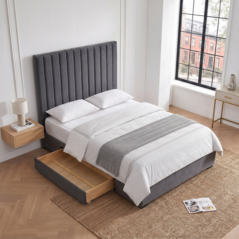 Extra Tall Channel Tufted Upholstered Bed, Queen, Gray Velvet, Gray, Queen