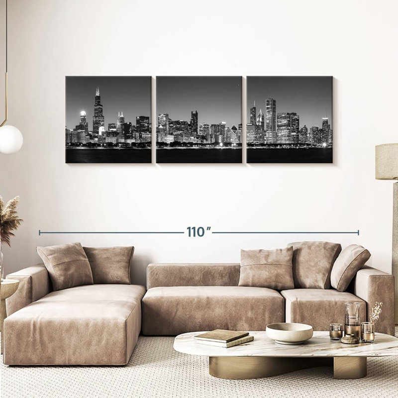 Noir Chicago Skyline, 3 pièces, H 30 po x l 92 po x P 1,25 po
