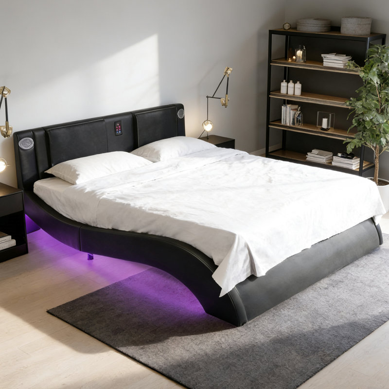 Structure de lit pour grand lit avec similicuir, éclairage à DEL, commande de la musique et fonction de massage, Noir