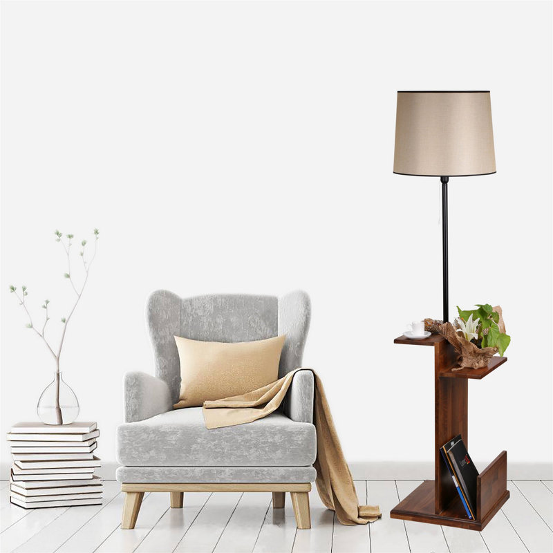Lampe sur pied scandinave avec structure en métal et tablettes en bois, hauteur de 67,0 po | Finition noire élégante, diamètre du capuchon de 17,3 po, longueur du capuchon de 15,4 po | Interrupteur marche / arrêt sur câble, douille E27 de 40 W maximum | Éclairage élégant pour les maisons modernes