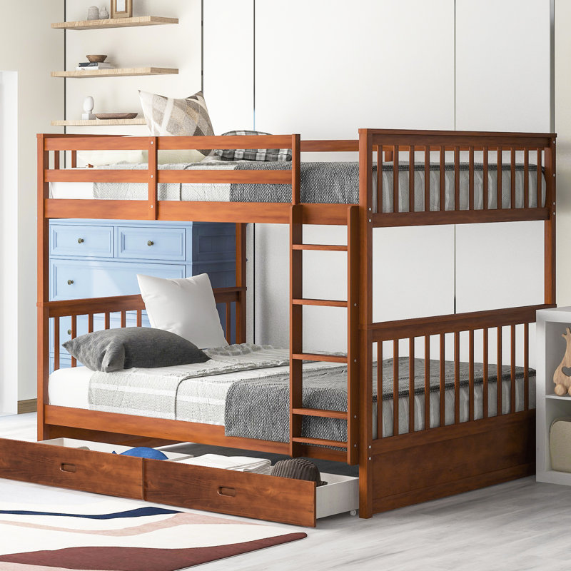 Lit superposé en noyer avec rangement spacieux - Mobilier de chambre à coucher fonctionnel pleine grandeur avec rails et confort à long terme