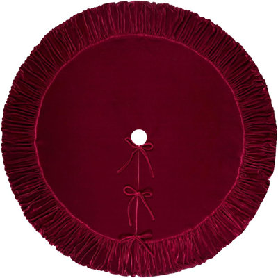 Ruffled Velvet Christmas Tree Skirt, Soft Padded Holiday Tree Base Cover with Lace Up Closure, Burgundy