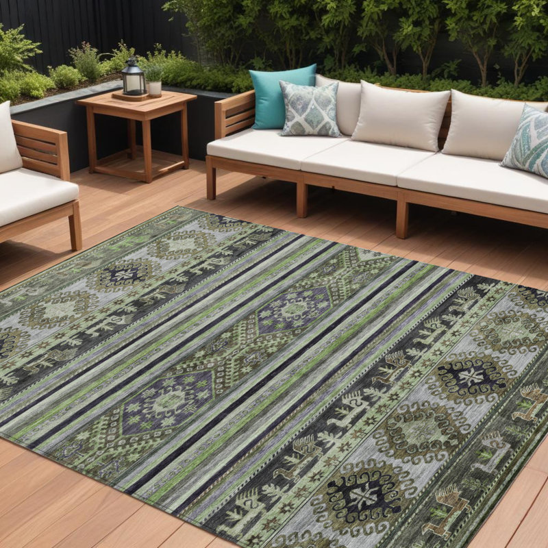 Tapis tribal lavable 10 pi x 14 pi vert taupe et ivoire
