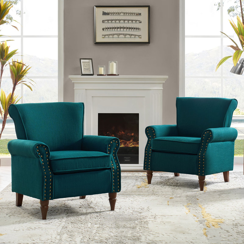 Mooresville Upholstered Armchair with Solid Wood Legs, Teal Polyester