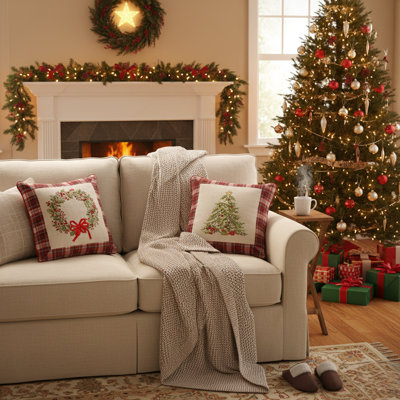 Ensemble de 2 coussins décoratifs couronne de Noël et arbre de Noël