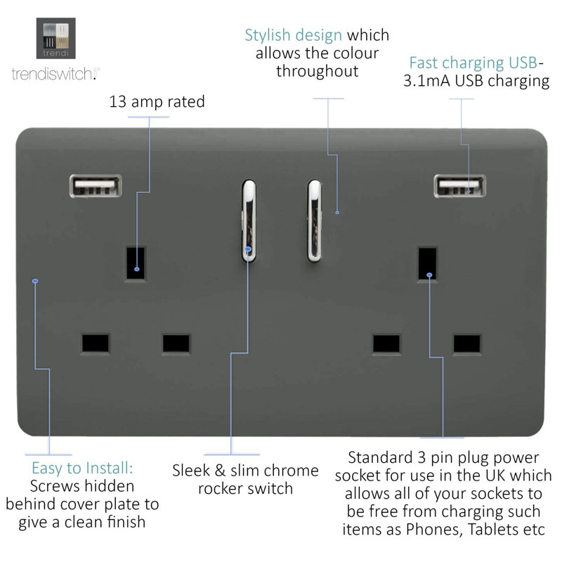 Trendi Switch 2 Gang USB 3100mA Plug Socket, Charcoal