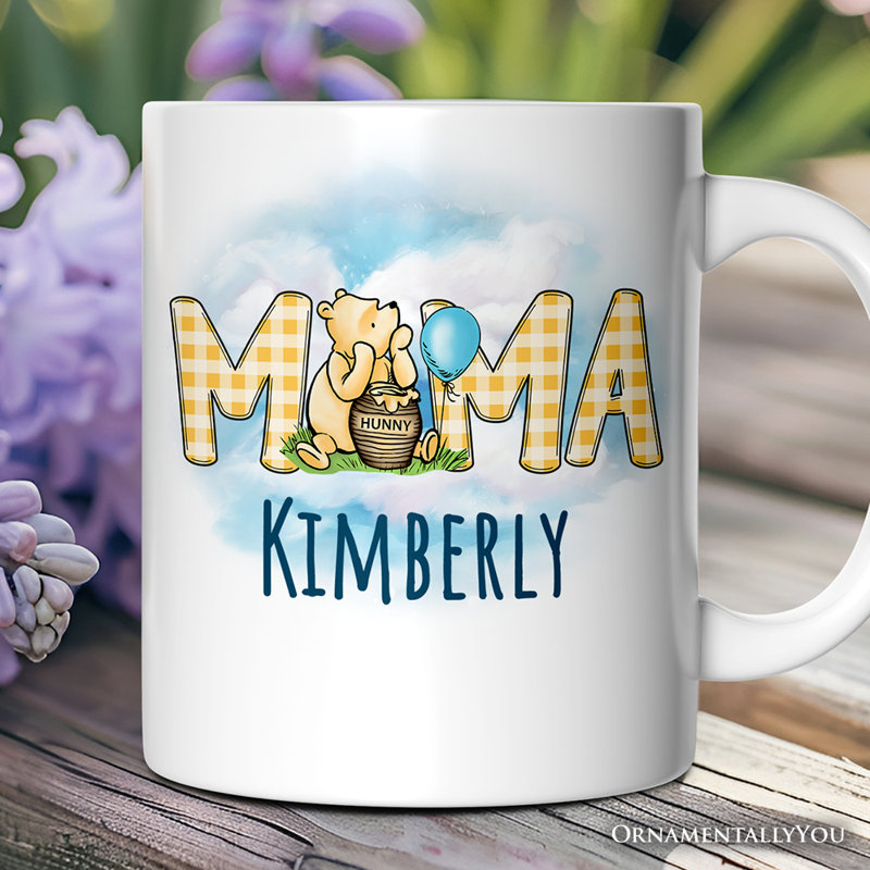 Tasse de maman ours en vichy, cadeau de famille d'ours au miel avec nom personnalisé