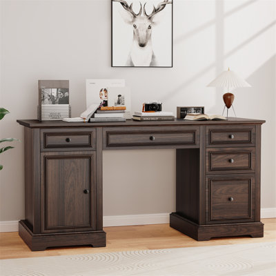 60" Farmhouse Executive Desk With Drawers And Cabinet, Embossed Texture Wood Home Office Desk, Rustic Computer Writing Desk, Workspace For Work Study Writing