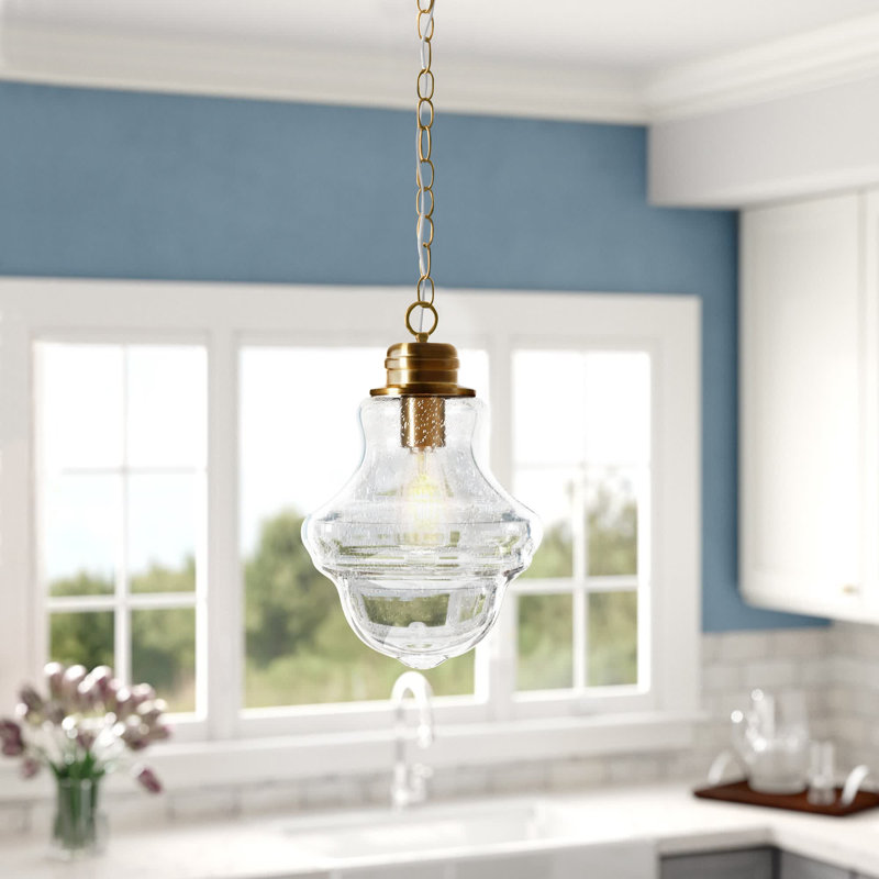 Luminaire suspendu simple à 1 lumière Annie, Verre bullé, Laiton brossé