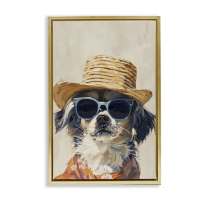 «Beach Holiday Pup», toile encadrée noire par Petals Prints Design