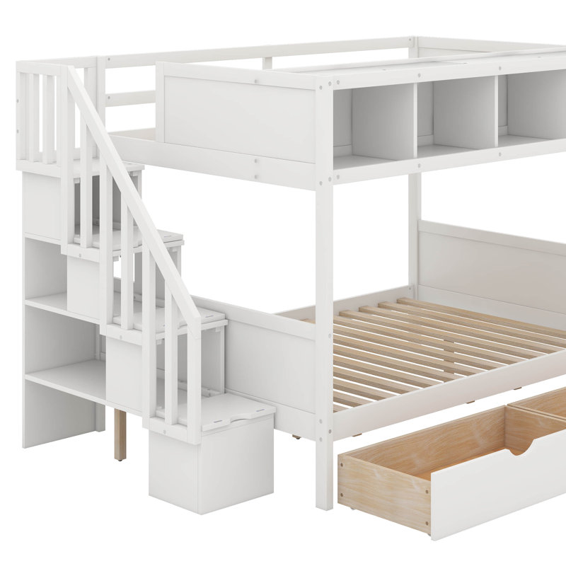 Twin Over Full Bunk Bed With Storage Staircase And Drawers, White